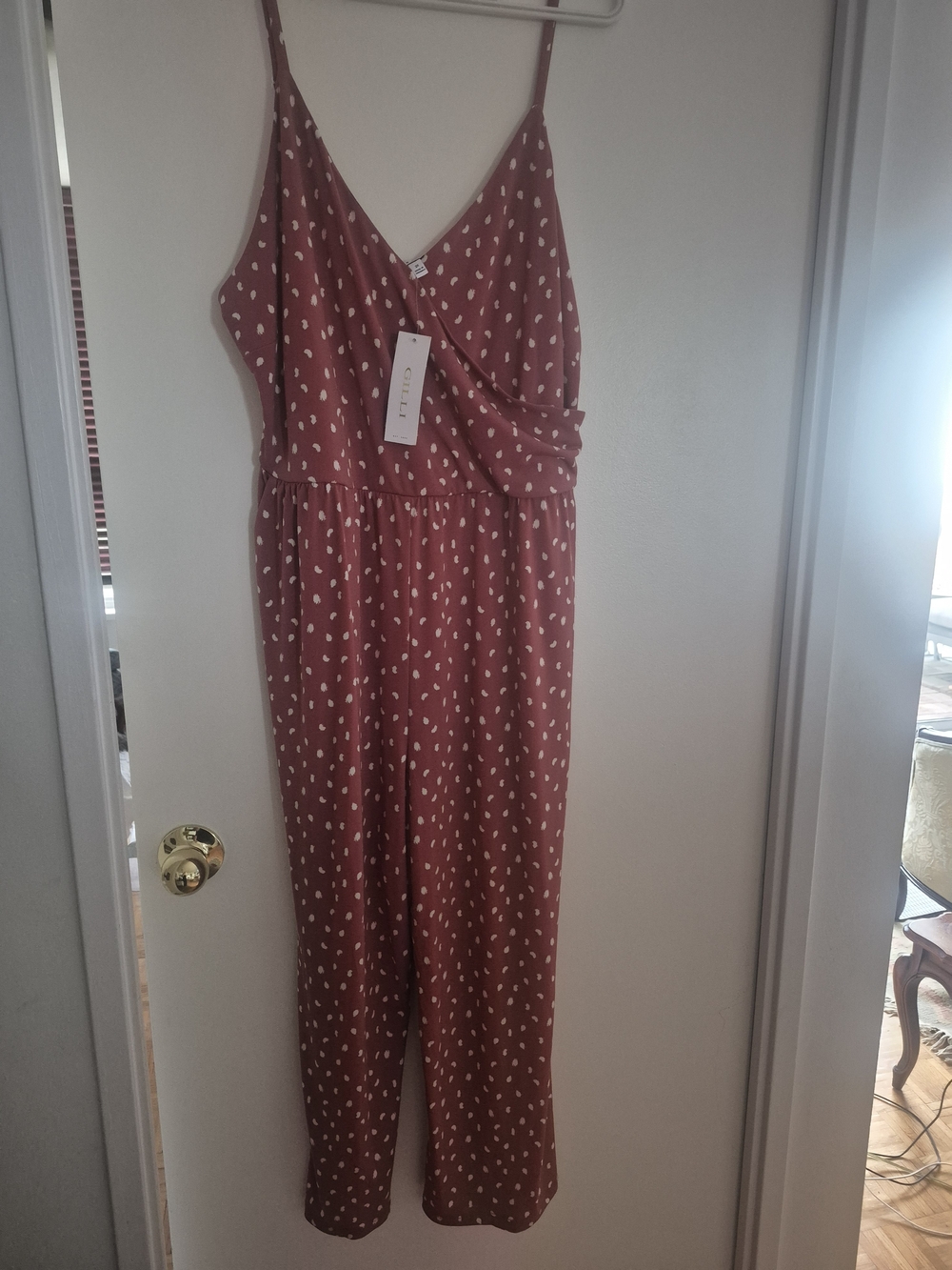 Gilli Dusty Rose Polka Dot Wrap Jumpsuit
